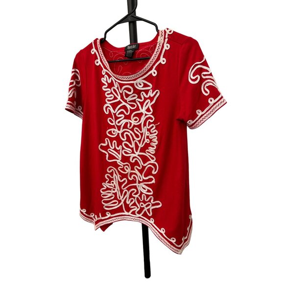 Objects DArt Embroidered Red Short Sleeve Boho Tunic Top Sz S - Picture 3 of 8